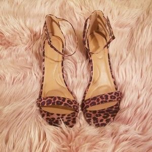 Faux suede animal print heeled sandals